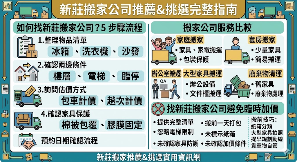 找新莊搬家公司前，建議先了解搬家費用、估價方式、服務項目與常見加價原因。專業新莊搬家公司可協助家庭搬家、套房搬遷、辦公室搬遷、大型家具搬運與清運服務，透過完整物品清單與事前溝通，能降低搬家當天延誤、損壞與臨時加價風險，讓搬遷流程更順利安心。