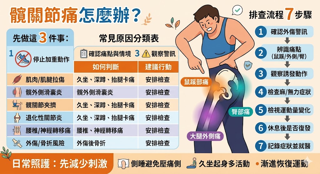 髖關節痛可能出現在鼠蹊部、臀部、大腿外側或走路、久坐、上下樓梯時，常見原因包含肌肉拉傷、滑囊炎、髖關節夾擠、退化性關節炎或腰椎神經轉移痛。本文整理髖關節痛的原因分類、快速判斷方式、逐步排查流程與需要就醫的警訊，幫助你先了解疼痛來源，避免錯誤拉筋、過度運動或延誤處理，並依症狀判斷是否需要專業檢查與後續治療。