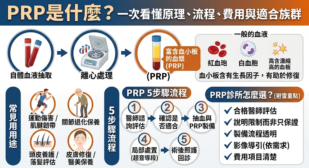 PRP是什麼？PRP是什麼其實指的是 Platelet-Rich Plasma 高濃度血小板血漿，常見於關節、肌腱、韌帶、頭皮與皮膚修復相關評估。本文整理 PRP 原理、常見用途、施作流程、費用影響因素、診所挑選重點與術前術後注意事項，幫助想了解 PRP 的人快速掌握重點，並提醒 PRP 屬於醫療處置，是否適合施作仍需由合格醫師依個人狀況評估。