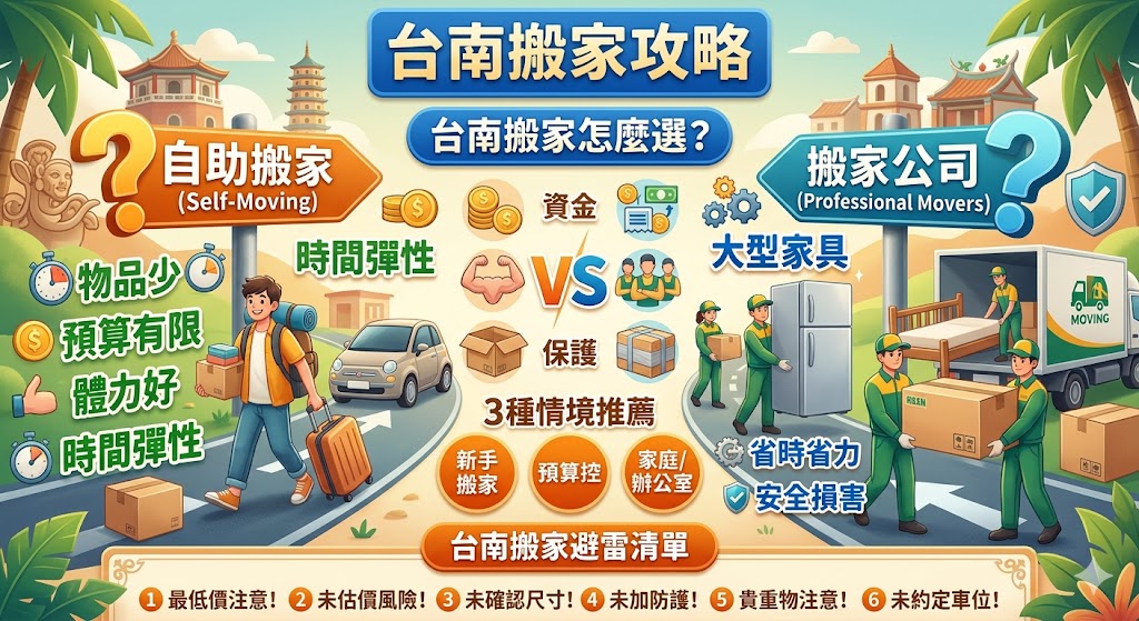 想找台南搬家服務，先別只看價格，應依物品數量、樓層、有無電梯、大型家具家電與搬運距離來判斷適合方案。台南搬家可分為自助搬家與專業搬家公司，自助搬家適合物品少、距離短、預算有限的人；若是家庭搬家、透天搬家、辦公室搬遷或有冰箱、洗衣機、沙發等大型物品，選擇台南搬家公司較能提升效率並降低搬運風險。