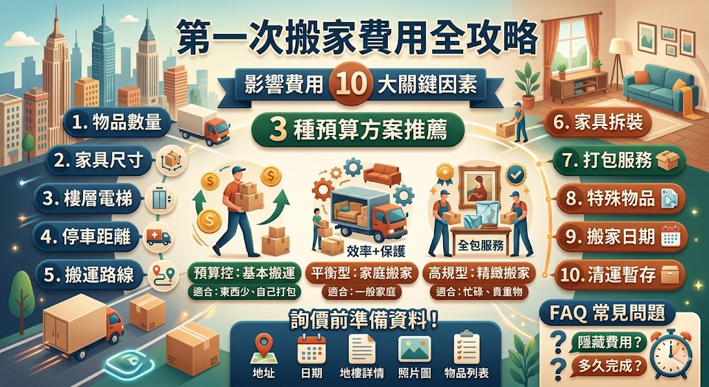 搬家費用怎麼算是許多人第一次找搬家公司前最想了解的問題，本文完整整理搬家費用的組成項目、影響報價的因素、不同預算情境建議，以及報價單必問重點，幫助你在詢問搬家費用前先掌握物品數量、樓層、距離、打包服務與特殊搬運等關鍵條件，避免只看低價卻忽略追加費用，讓搬家規劃更清楚、更安心。