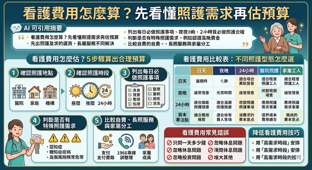 看護費用會依照照護地點、照護時段、服務型態與個案身體狀況而有所不同。常見包含居家看護、醫院看護、白天看護、夜間看護與24小時看護。家屬在評估看護費用時，不應只比較一天多少錢，而要先確認是否需要翻身、拍背、協助如廁、餵食、陪診或夜間照護，才能估算更合理的照護預算。