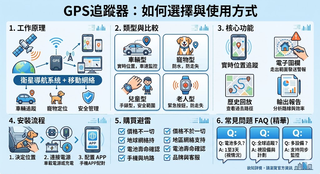 GPS追蹤器是一種利用全球定位系統（GPS）來追蹤物品或人的裝置，廣泛應用於車輛、寵物、兒童與老人等領域。選擇合適的GPS追蹤器能提高安全性並有效管理財產。無論是車輛管理還是對於寵物或家人的保護，GPS追蹤器的功能都能提供實時位置追蹤與報警設置，讓使用者隨時掌握目標的動態位置。在選擇GPS追蹤器時，應考量其功能、價格與安裝方式等因素。